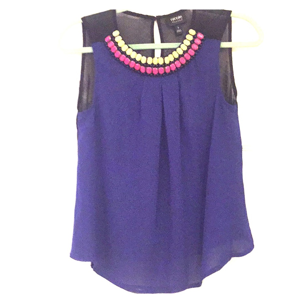 NWT Nicole Miller Sapphire Top with Neon jewels